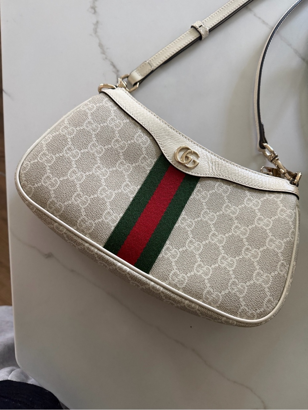 Gucci Beige GG Canvas Shoulder Bag with Green and Red Web Stripe